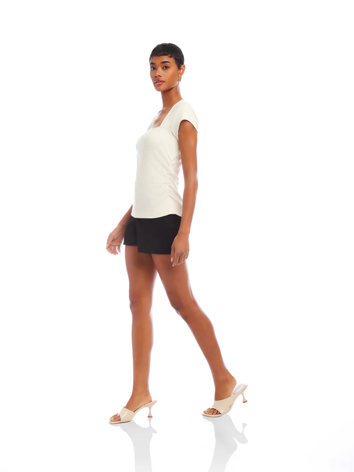 Front Angled View of Lorna Cap Sleeve Tee In White