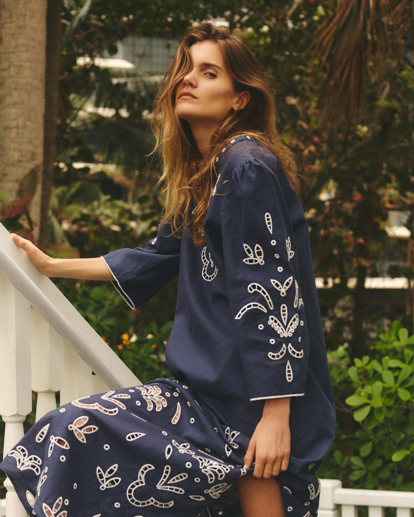 Woman Wearing Athena Maxi Dress in Indigo