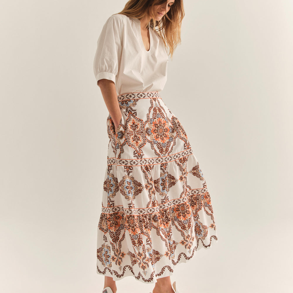 Woman Wearing Lydia Midi Skirt In Soleil
