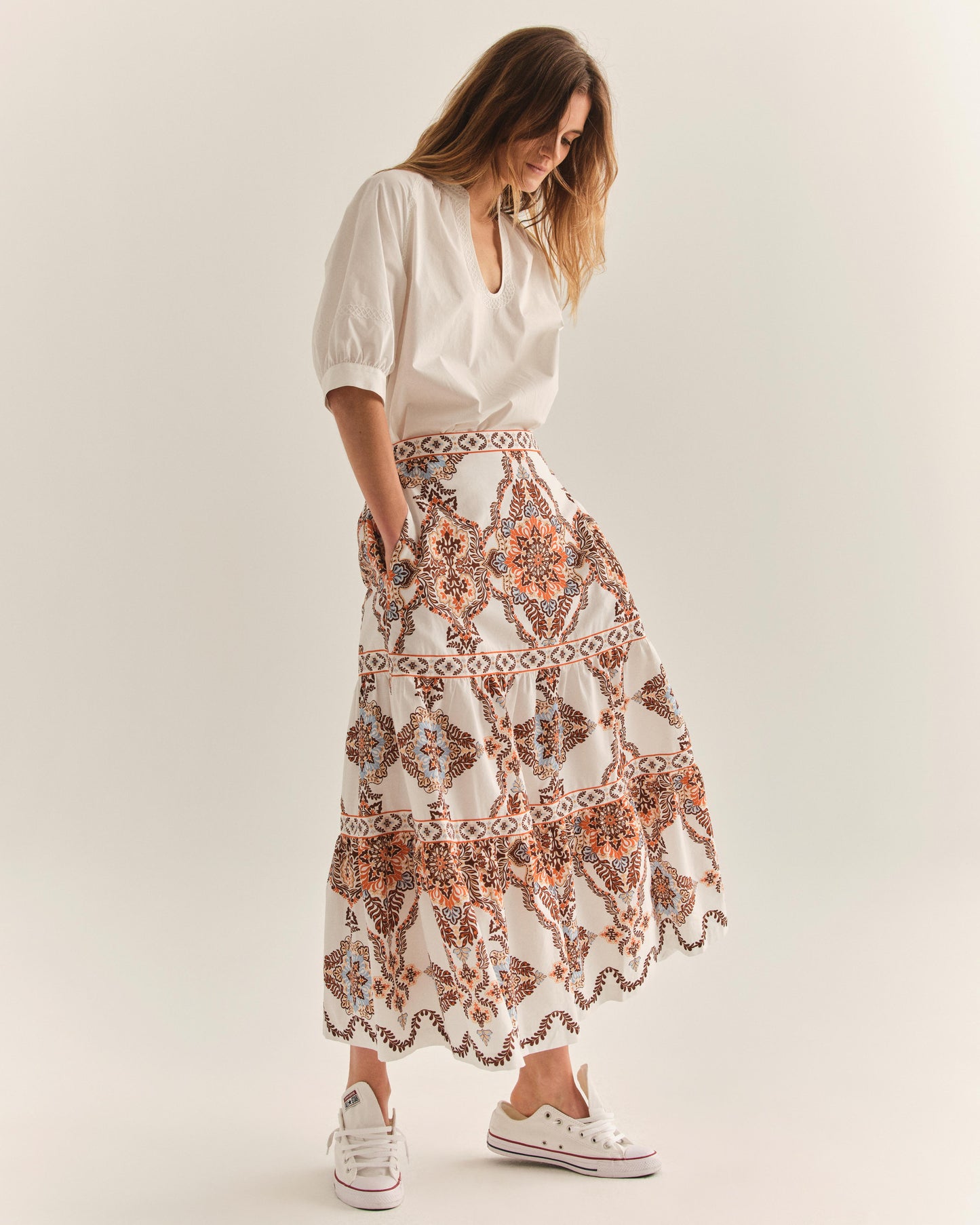 Woman Wearing Lydia Midi Skirt In Soleil