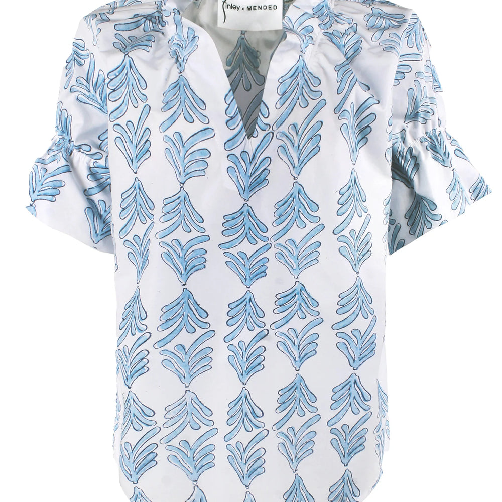 Mended Blue handed block printed cotton pullover blouse with ruffle collar & sleeve detail