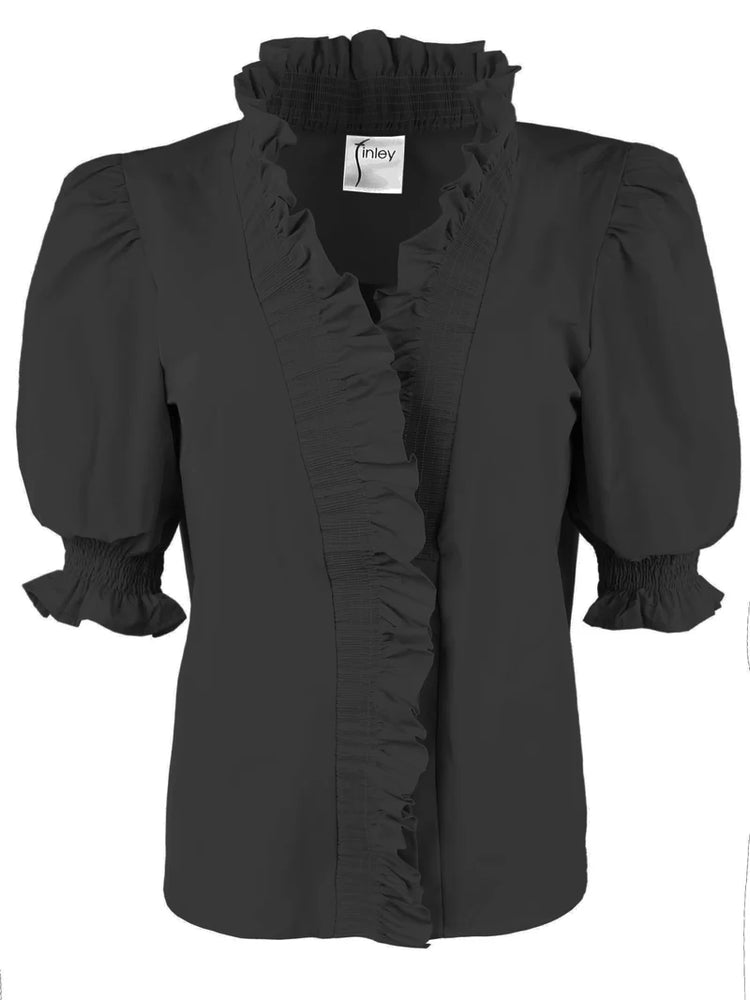 Cici Smocked Ruffle-Trim Taffeta Shirt Black